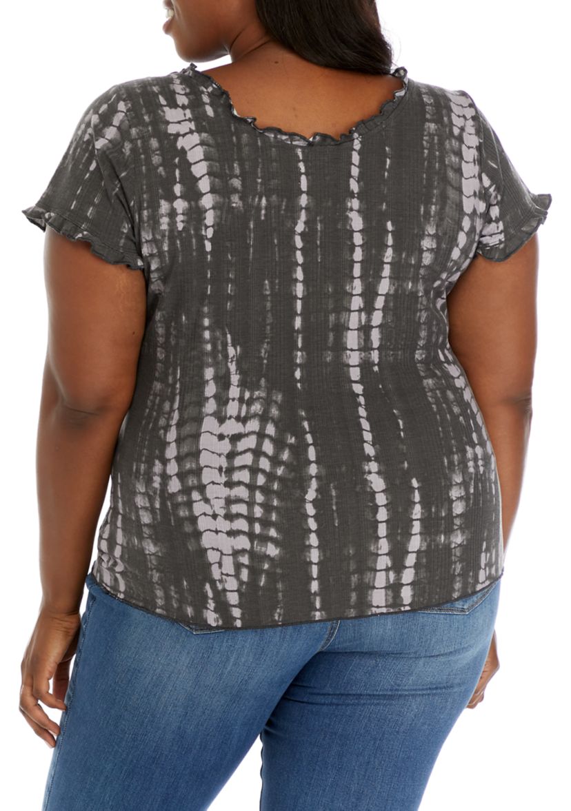 Plus Size Tie Dye Lettuce Edge Ribbed Top 