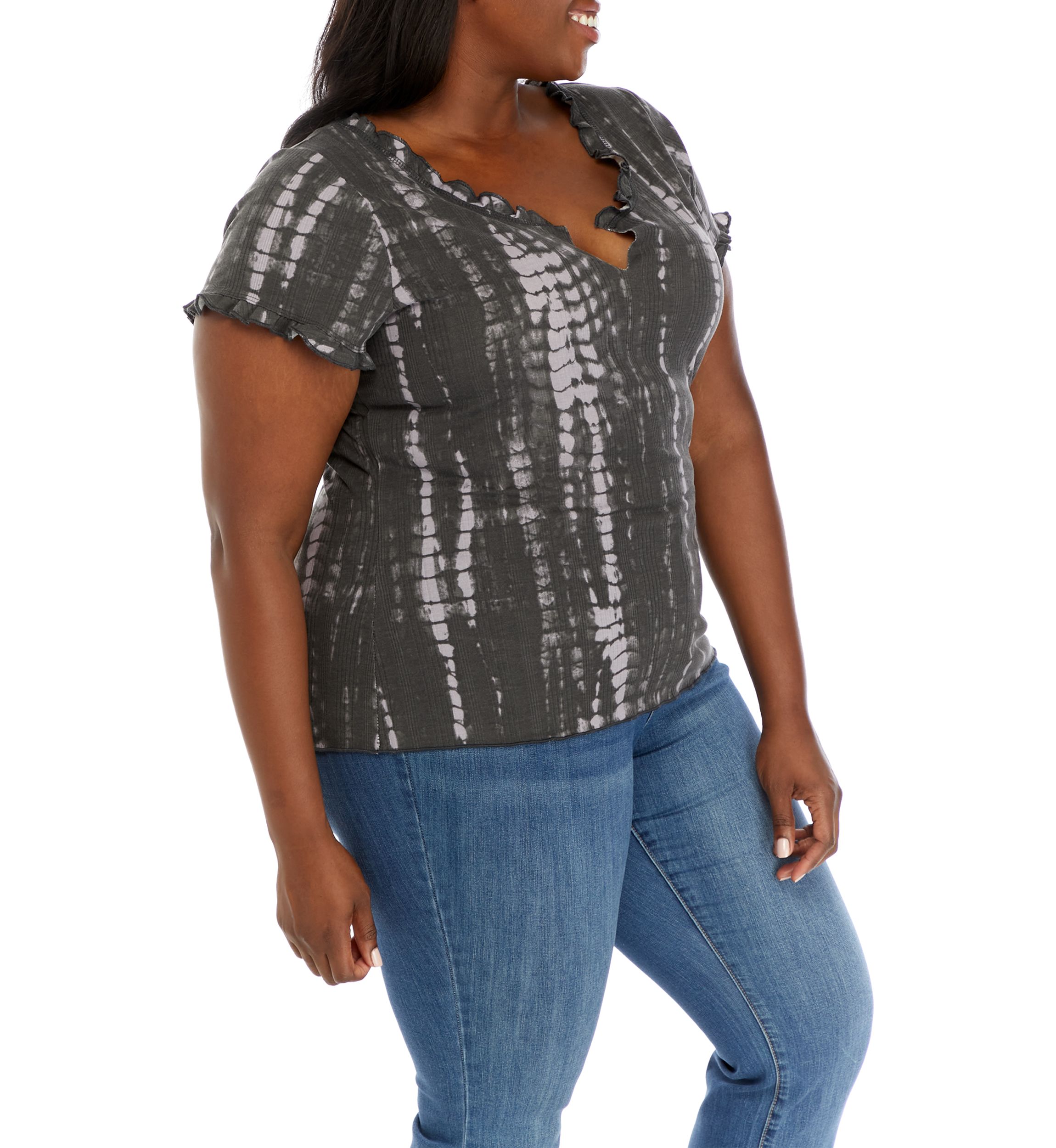 Plus Size Tie Dye Lettuce Edge Ribbed Top 