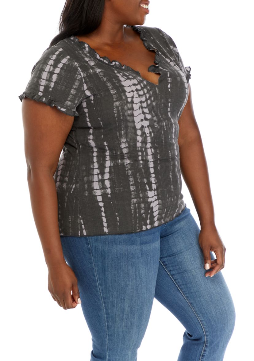 Plus Size Tie Dye Lettuce Edge Ribbed Top 