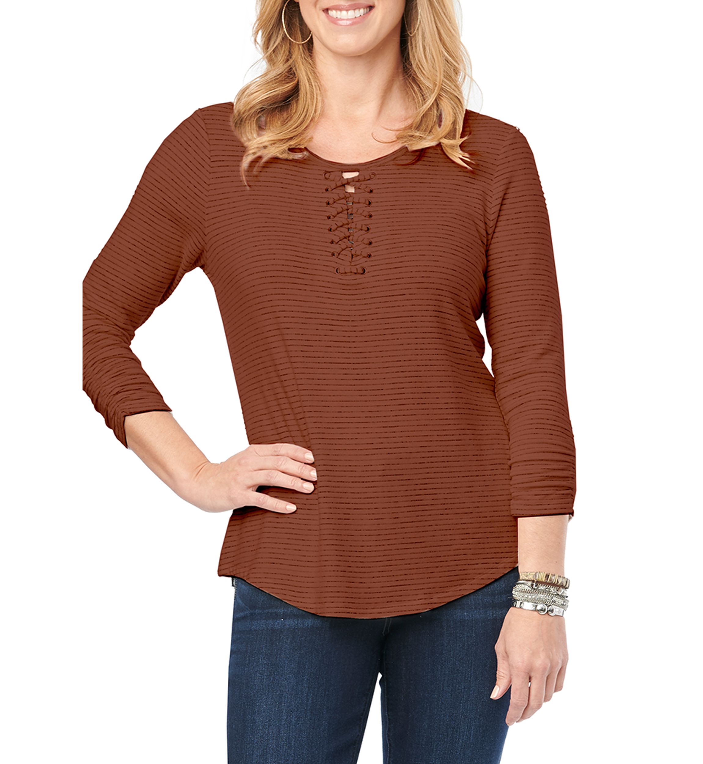 3/4 Sleeve Lace Up Striped Top