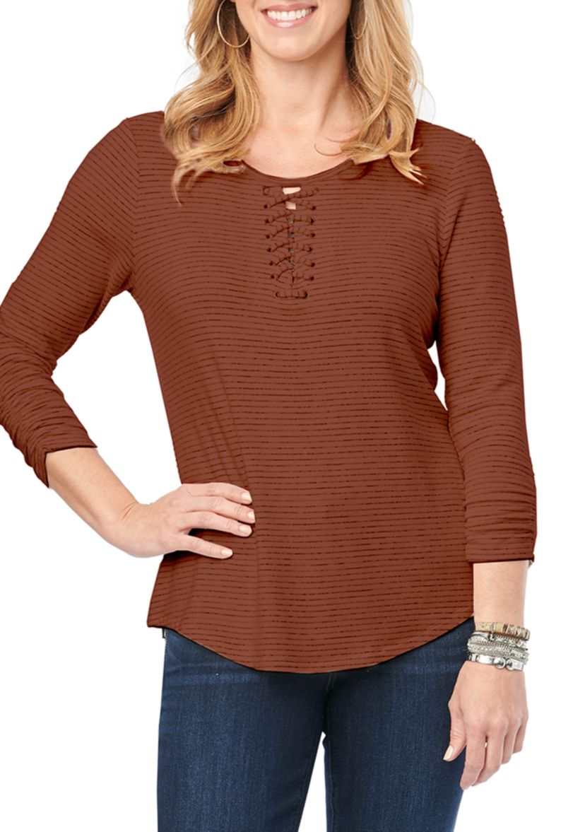 3/4 Sleeve Lace Up Striped Top