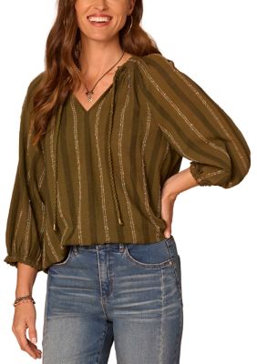 Democracy Women's 3/4 Blouson Sleeve Woven Top with Braided Tie, Small