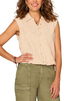Democracy Women's Sleeveless Button Down Bubble Hem Striped Top