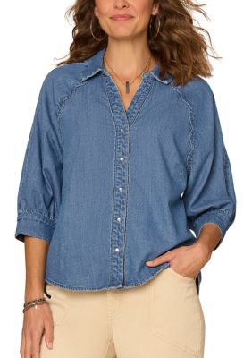 Democracy Women's Elbow Sleeve Denim Shirt with Scallop Edge, Blue, XL
