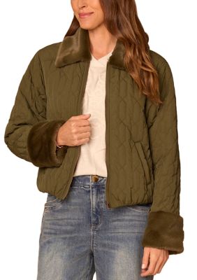 Democracy Women's Petite Quilted Zip Front Jacket with Faux Fur, Large