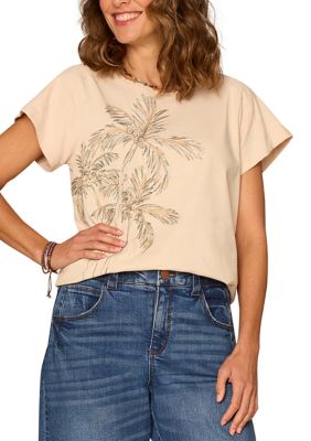 Democracy Women's Embroidered Palm Scoop Neck T-Shirt