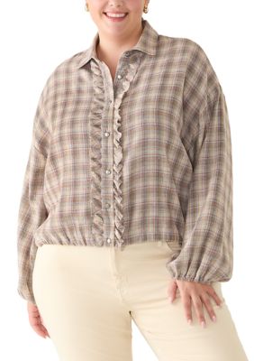 Democracy Women's Plus Size Long Sleeve Bubble Hem Plaid Woven Top, 3X