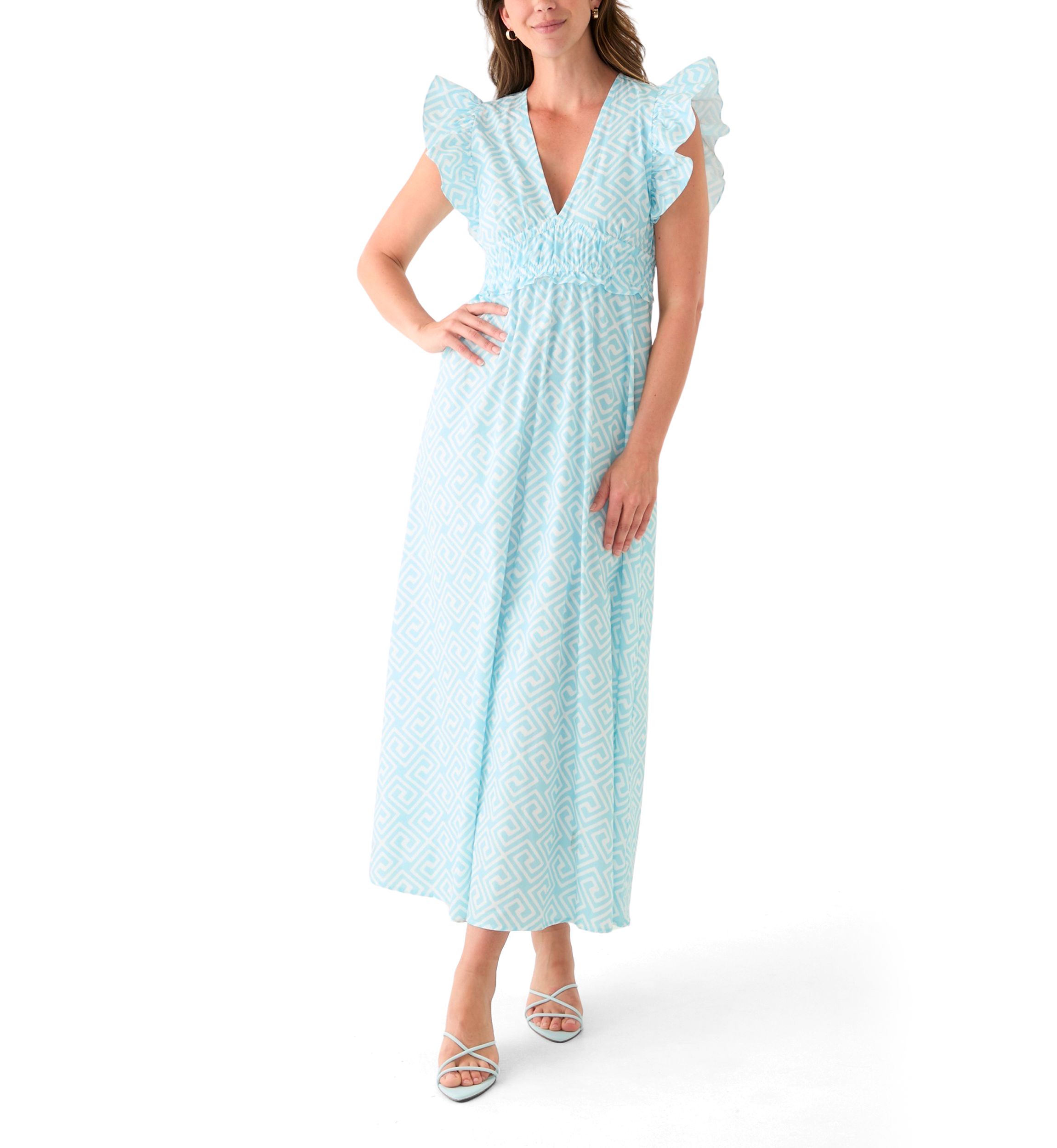 Womens Flutter Sleeve V-Neck Midi Dress