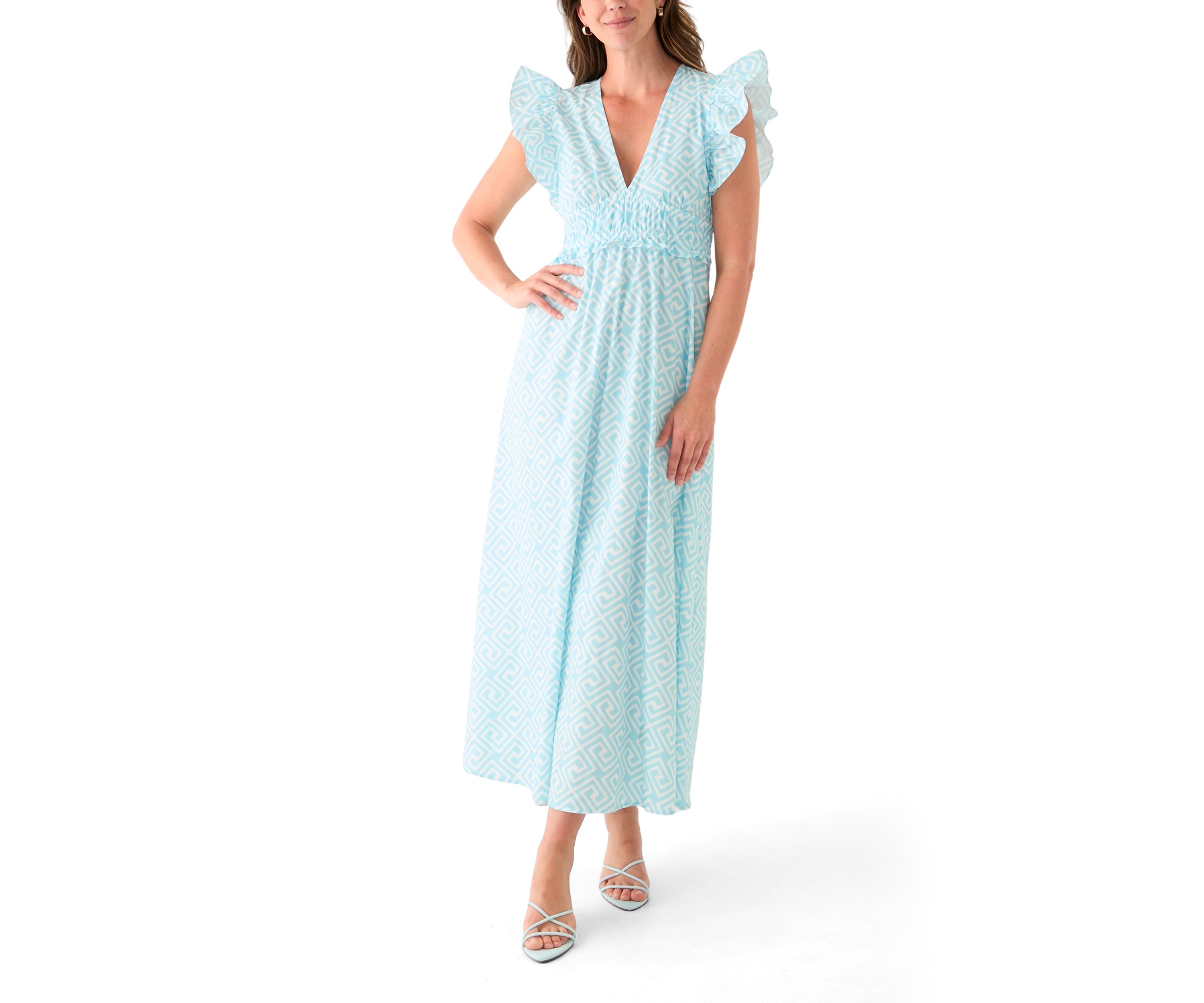 Womens Flutter Sleeve V-Neck Midi Dress