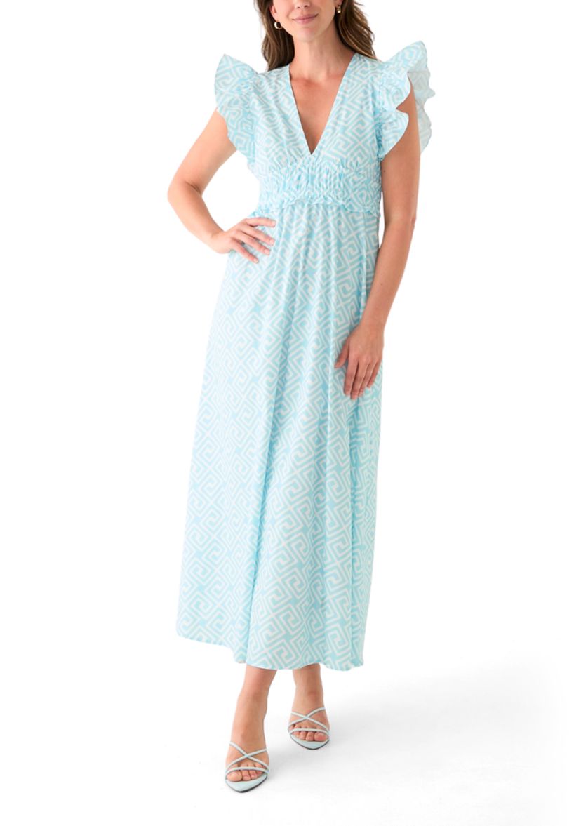 Womens Flutter Sleeve V-Neck Midi Dress