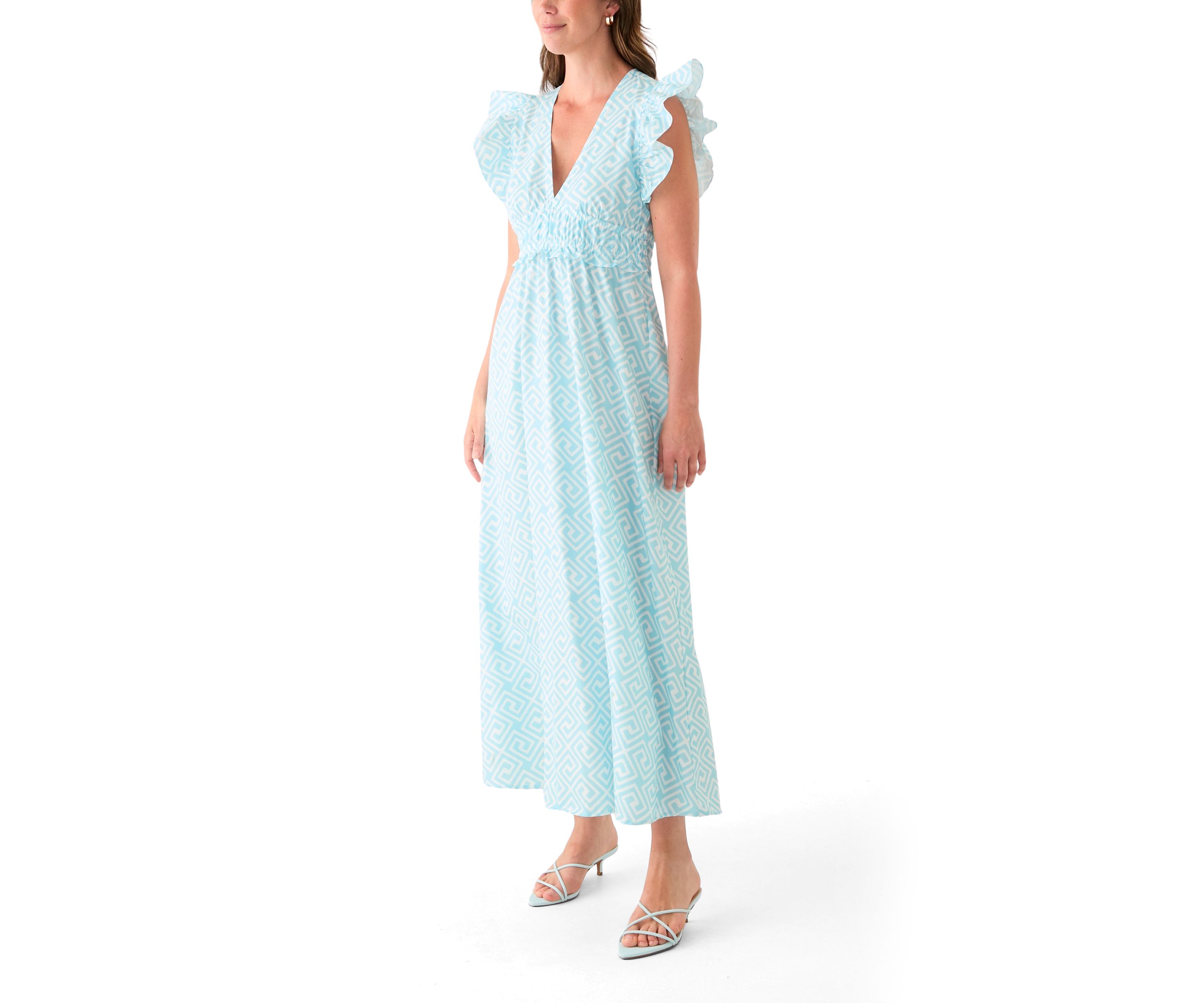 Womens Flutter Sleeve V-Neck Midi Dress