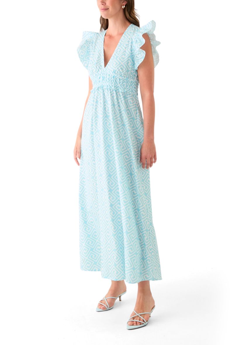 Womens Flutter Sleeve V-Neck Midi Dress