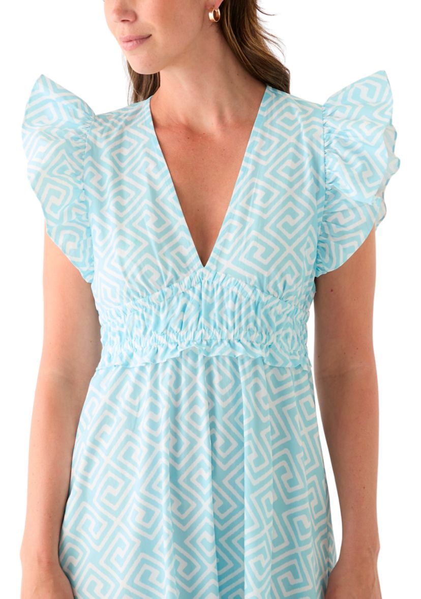 Womens Flutter Sleeve V-Neck Midi Dress
