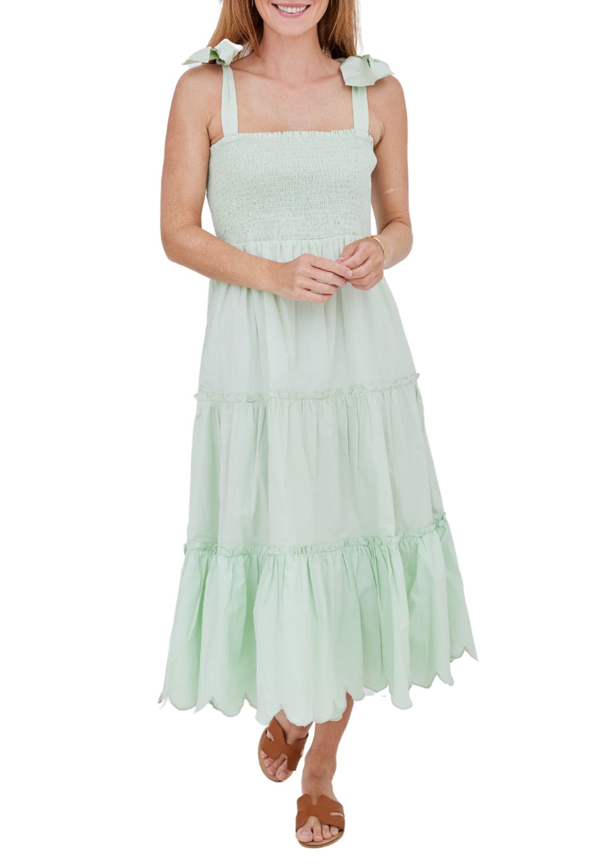 STS x PALM BEACH LATELY Bow Shoulder Smocked Midi Dress