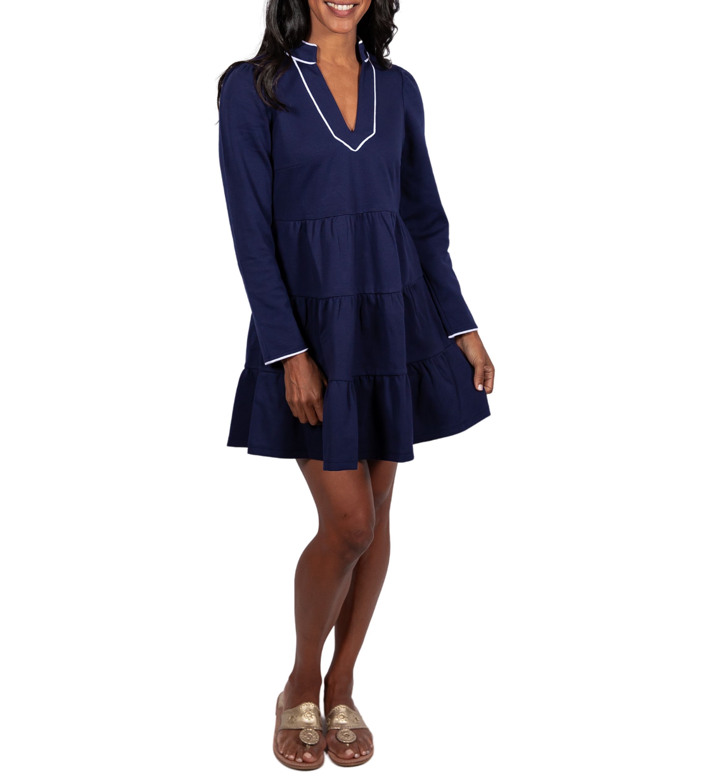 Navy Ponte Long Sleeve Tunic Flare Dress