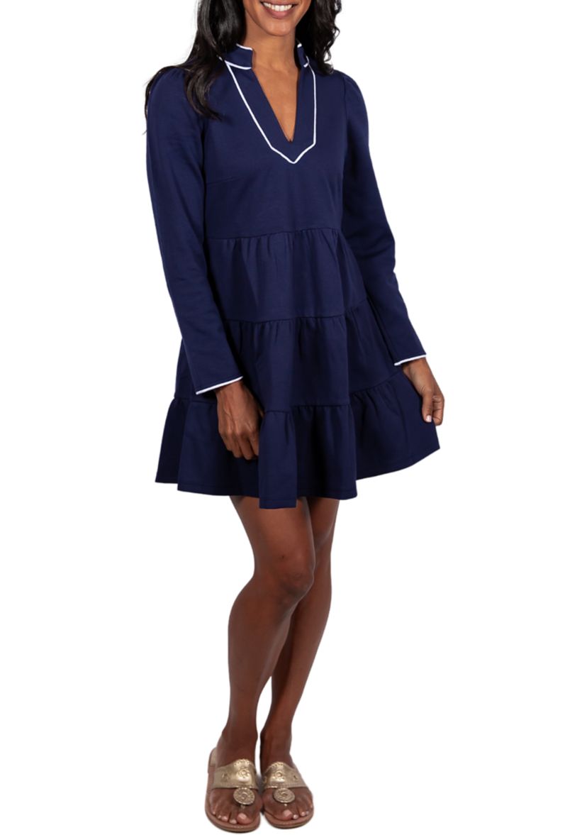 Navy Ponte Long Sleeve Tunic Flare Dress