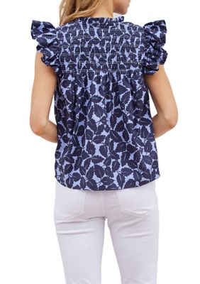 Women's Autumn Leaf Print Flutter Sleeve Top with Tassels