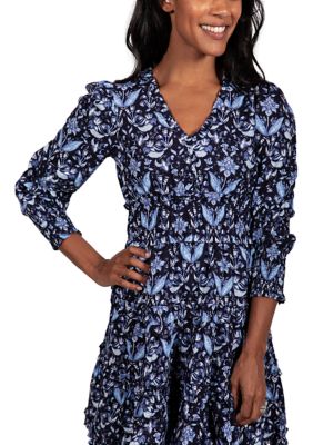 Navy Batike V-Neck Smocked Waist Dress