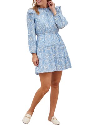 Women's Periwinkle Floral Long Sleeve Ruffle Front Dress