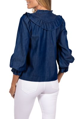 Women's Dark Chambray 3/4 Sleeve Ruffle Bib Blouse