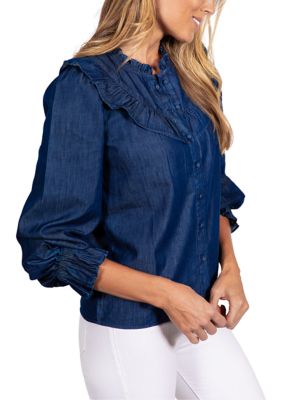 Women's Dark Chambray 3/4 Sleeve Ruffle Bib Blouse