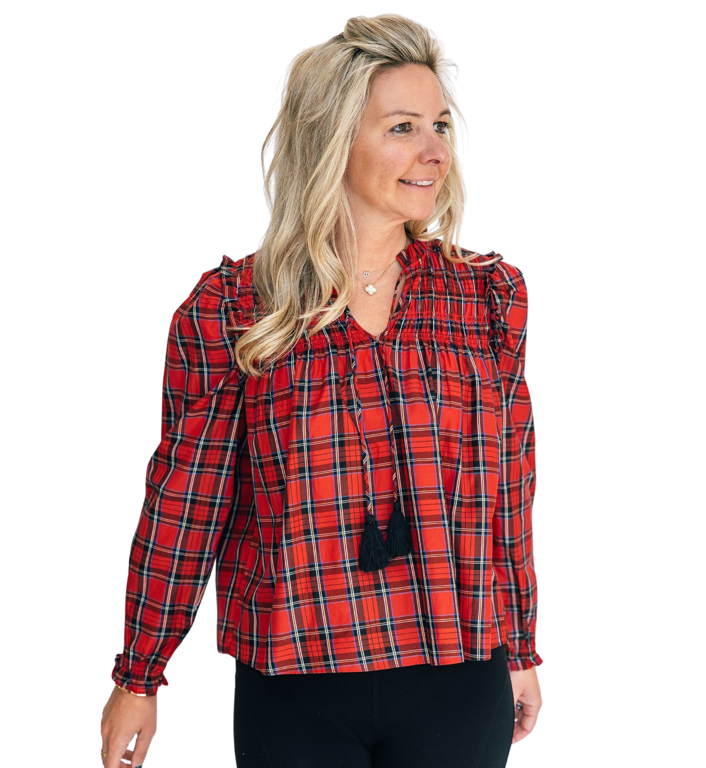 Womens Red Tartan Long Sleeve Tassel Front Top