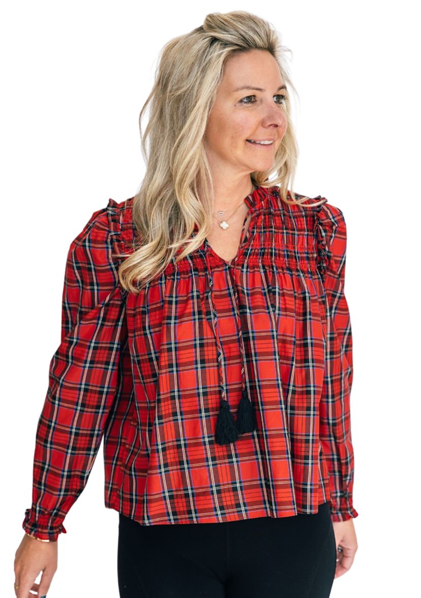 Womens Red Tartan Long Sleeve Tassel Front Top
