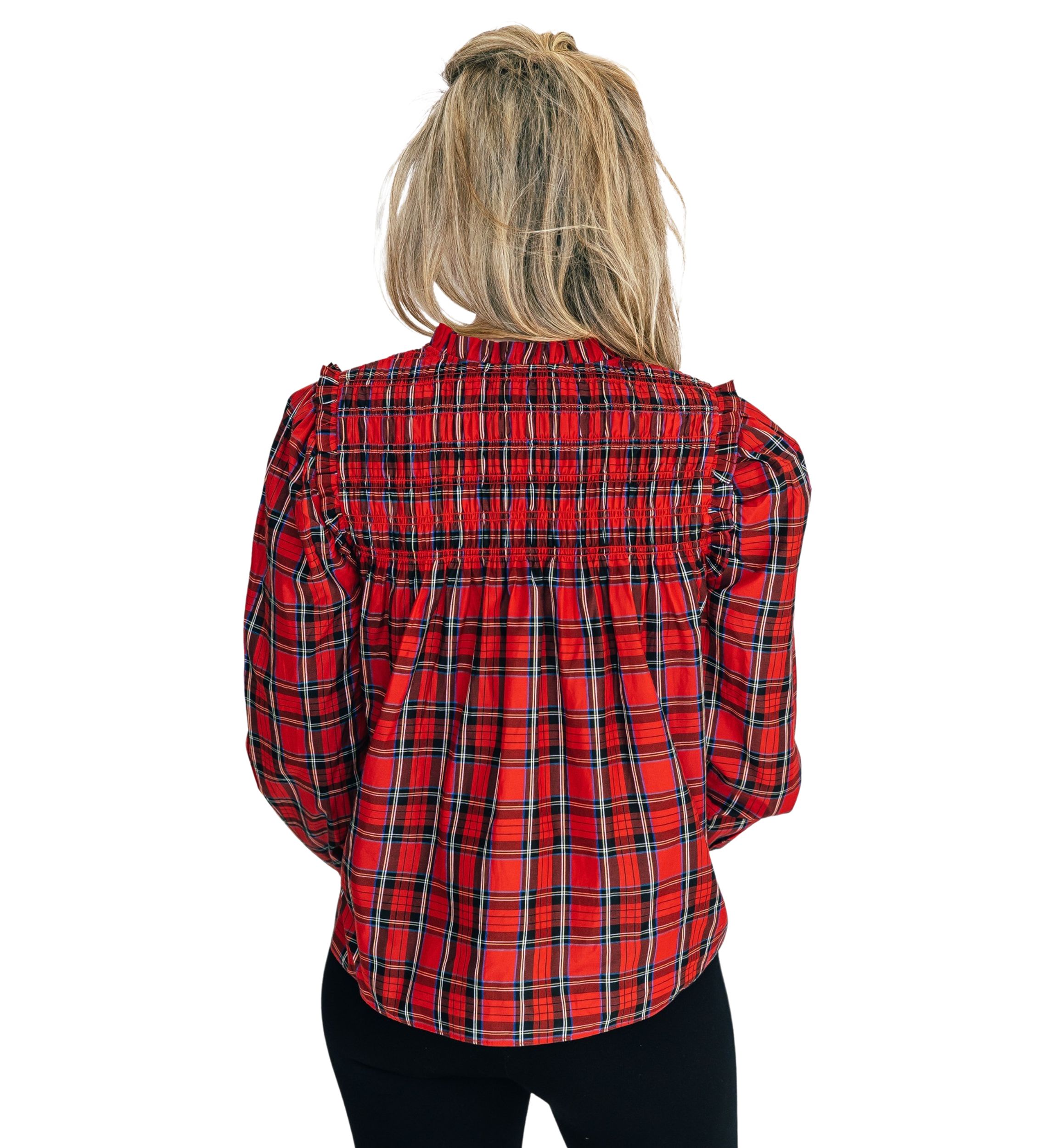 Womens Red Tartan Long Sleeve Tassel Front Top