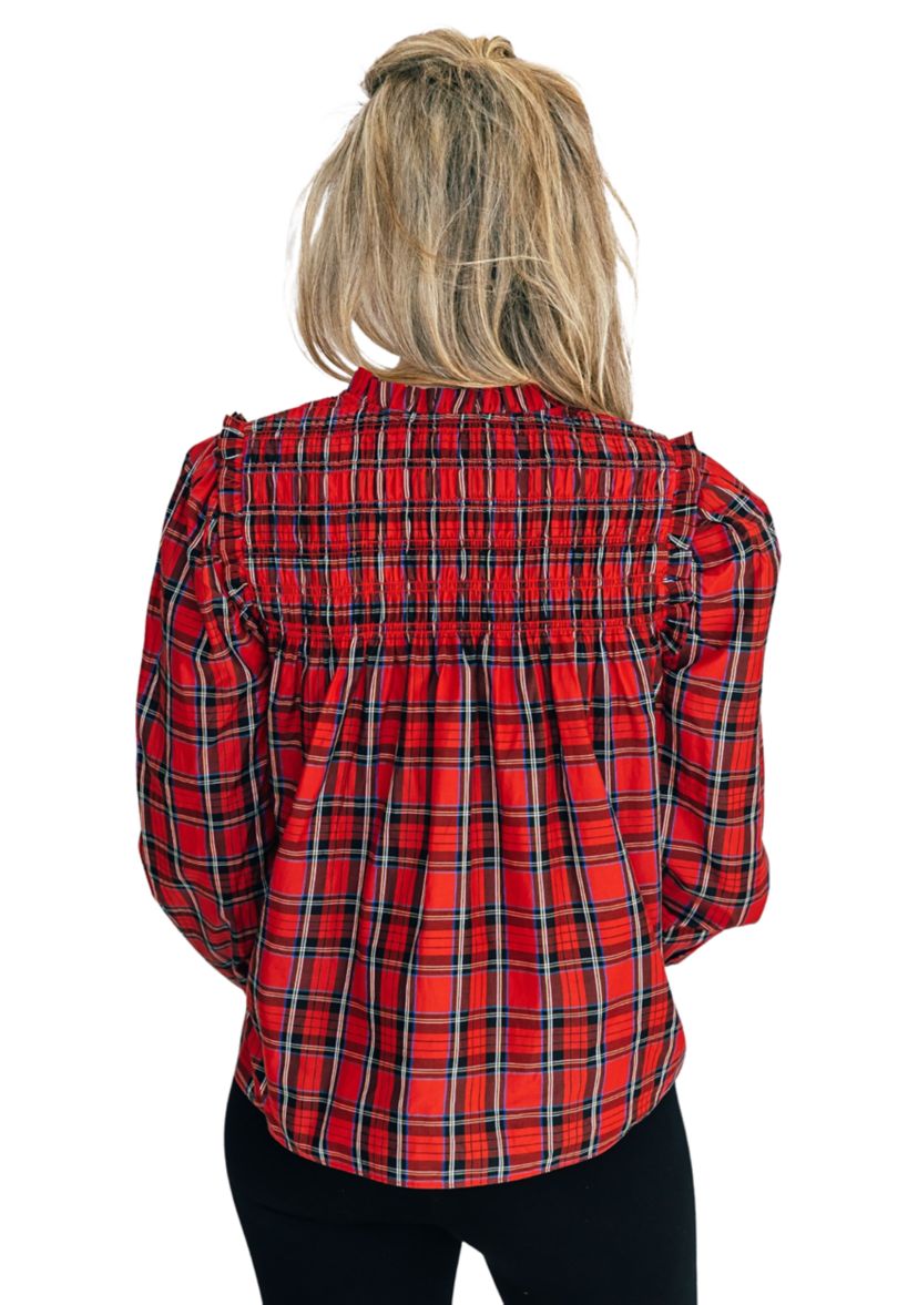 Womens Red Tartan Long Sleeve Tassel Front Top