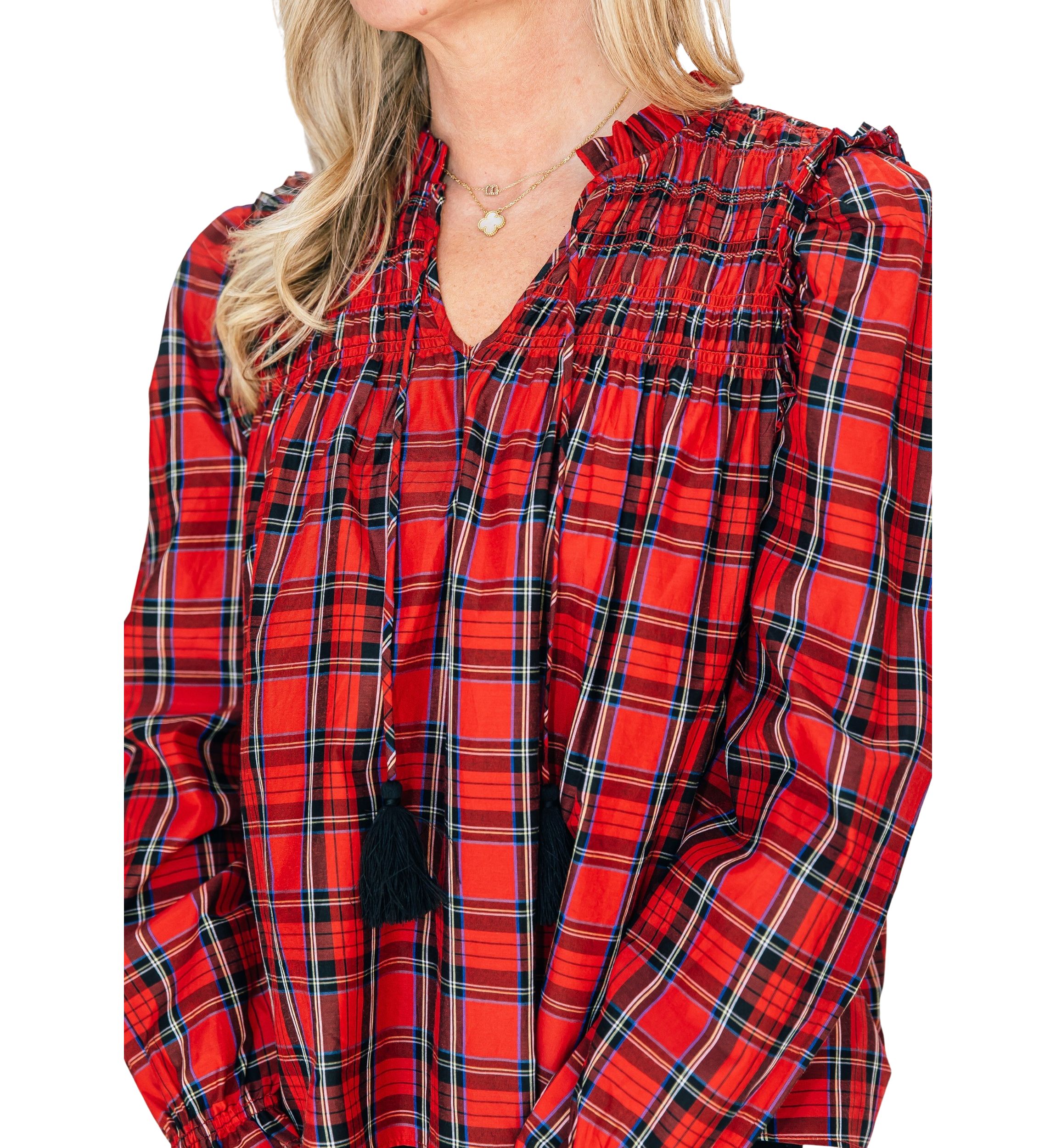 Womens Red Tartan Long Sleeve Tassel Front Top