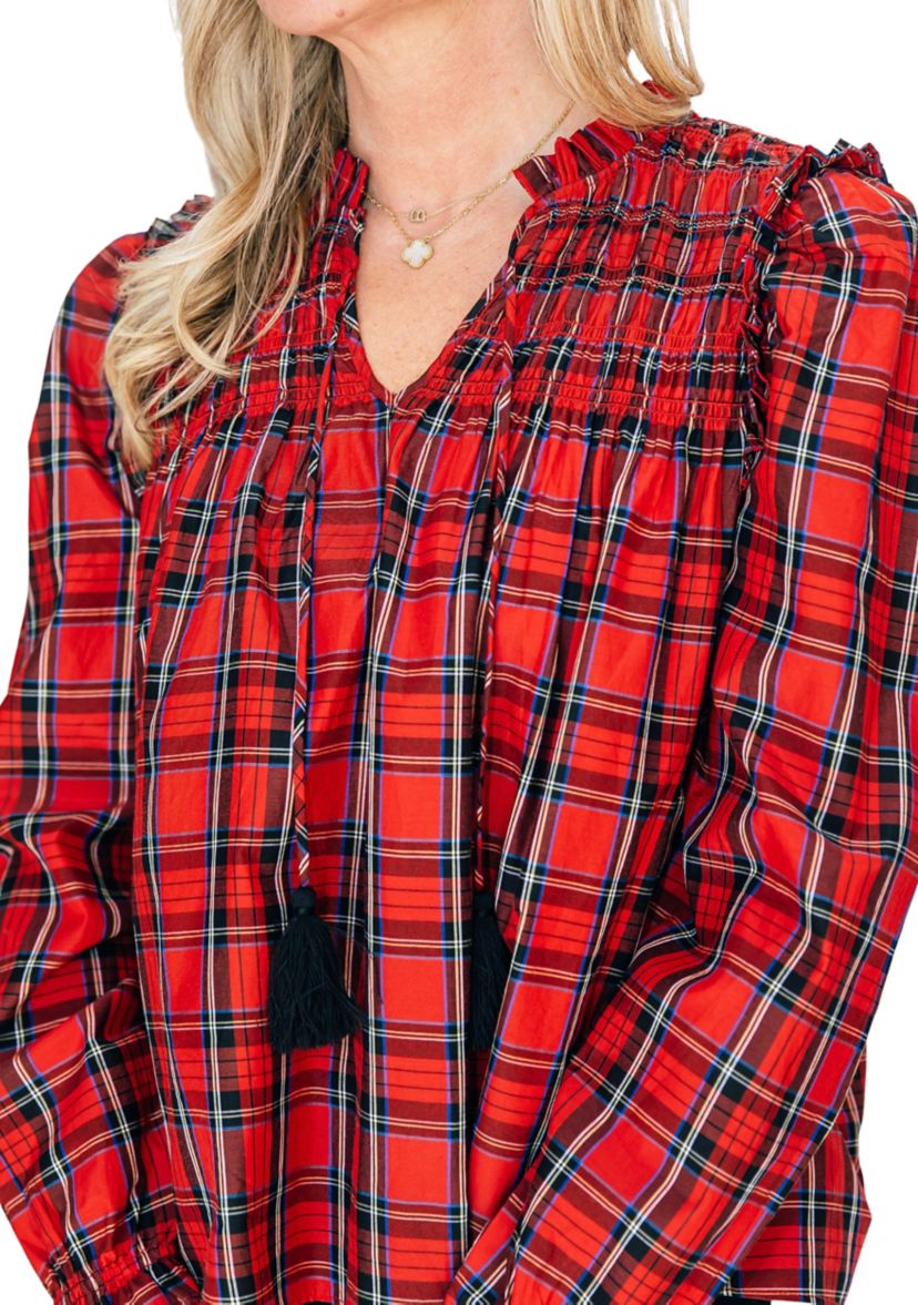 Womens Red Tartan Long Sleeve Tassel Front Top