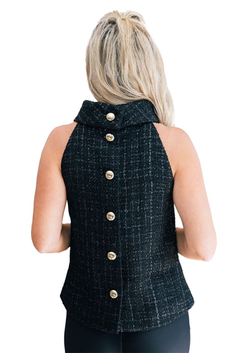 Womens Sparkle Tweed Cowl Neck Top