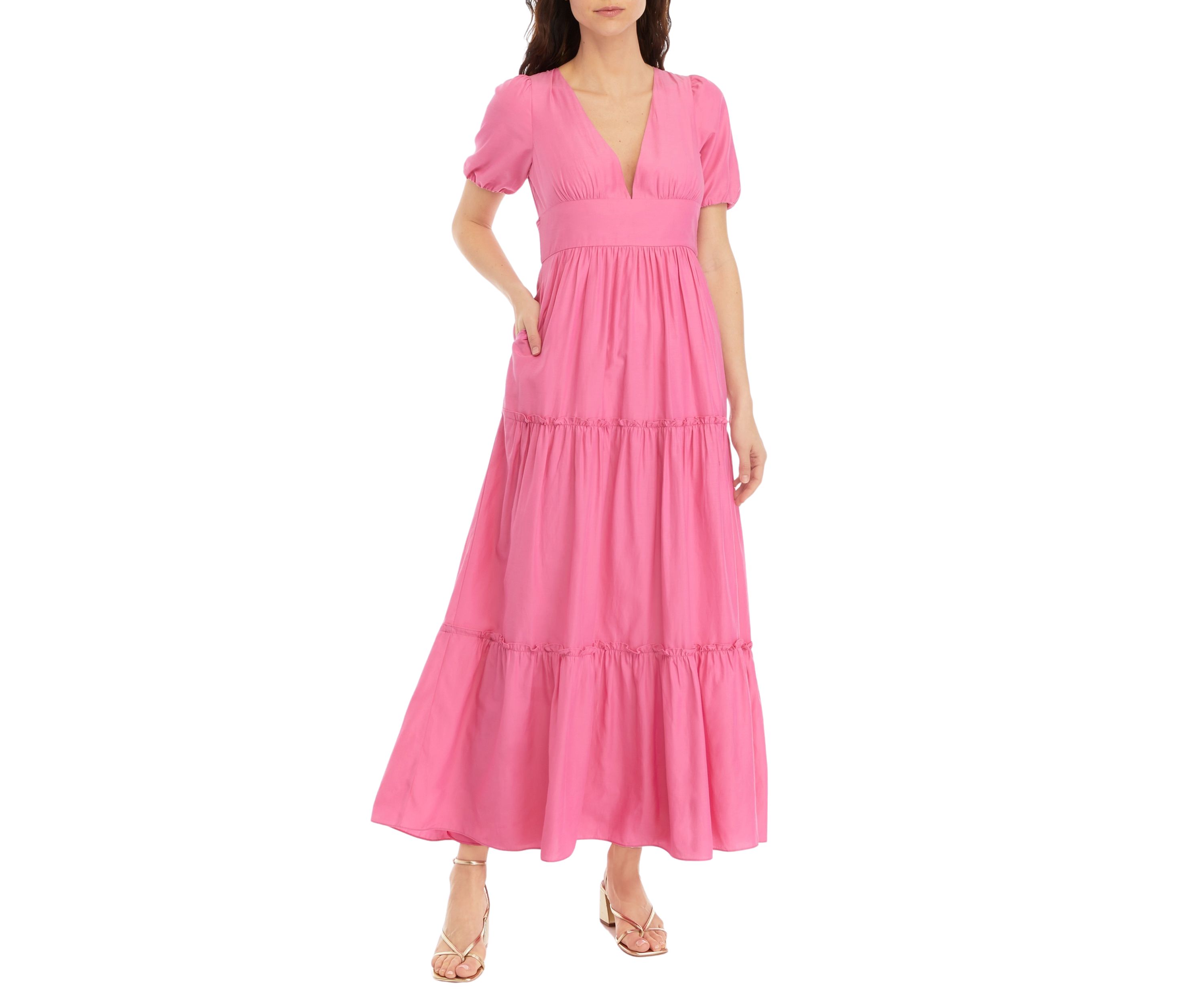 Womens V-Neck Puff Sleeve Maxi Dress