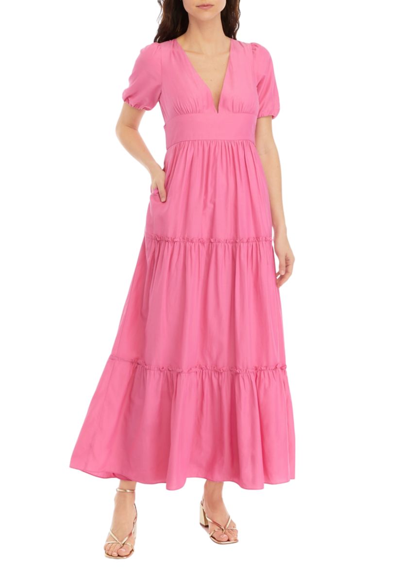 Womens V-Neck Puff Sleeve Maxi Dress
