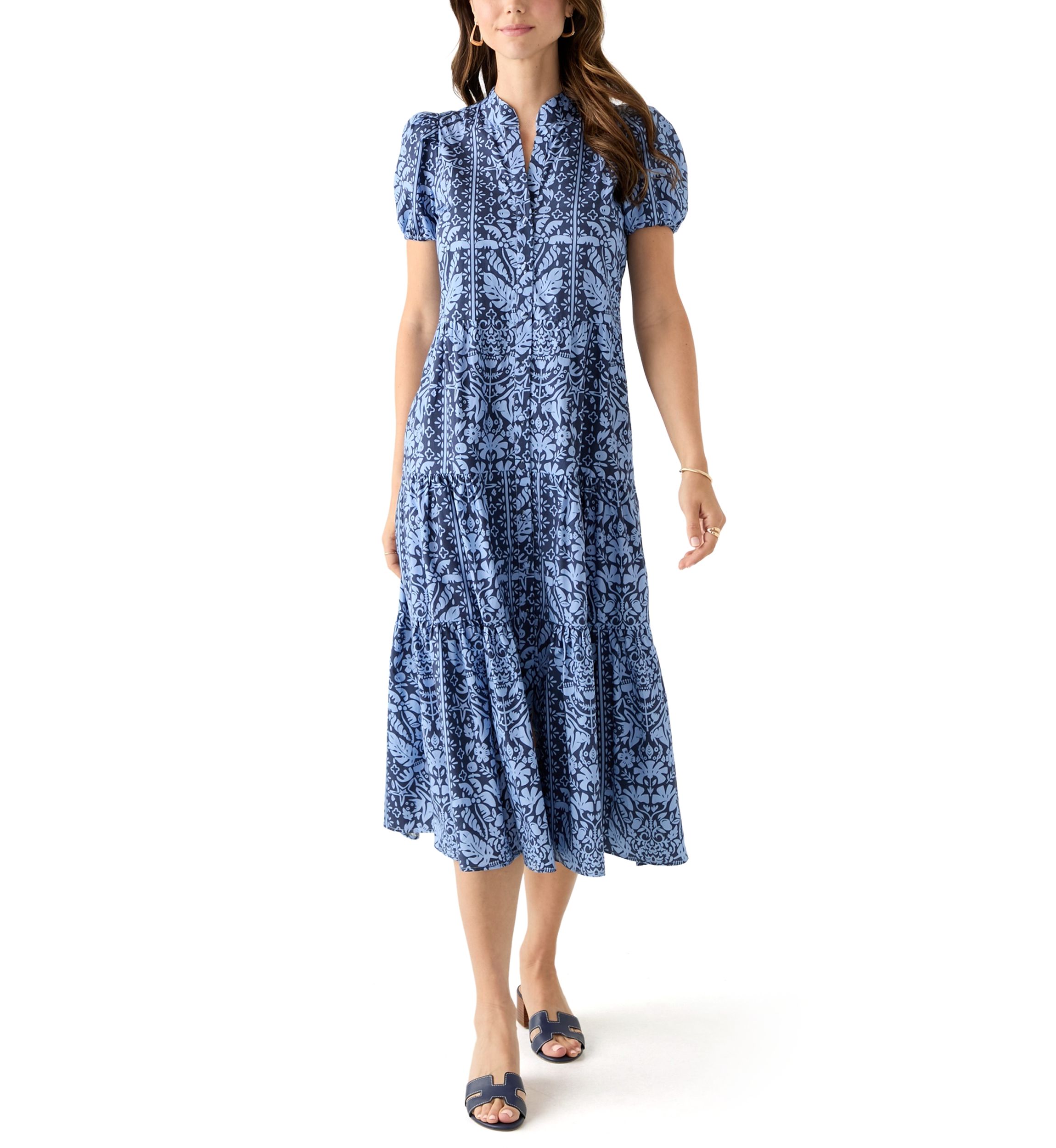 Womens Midi Poplin Printed Tiered Dress