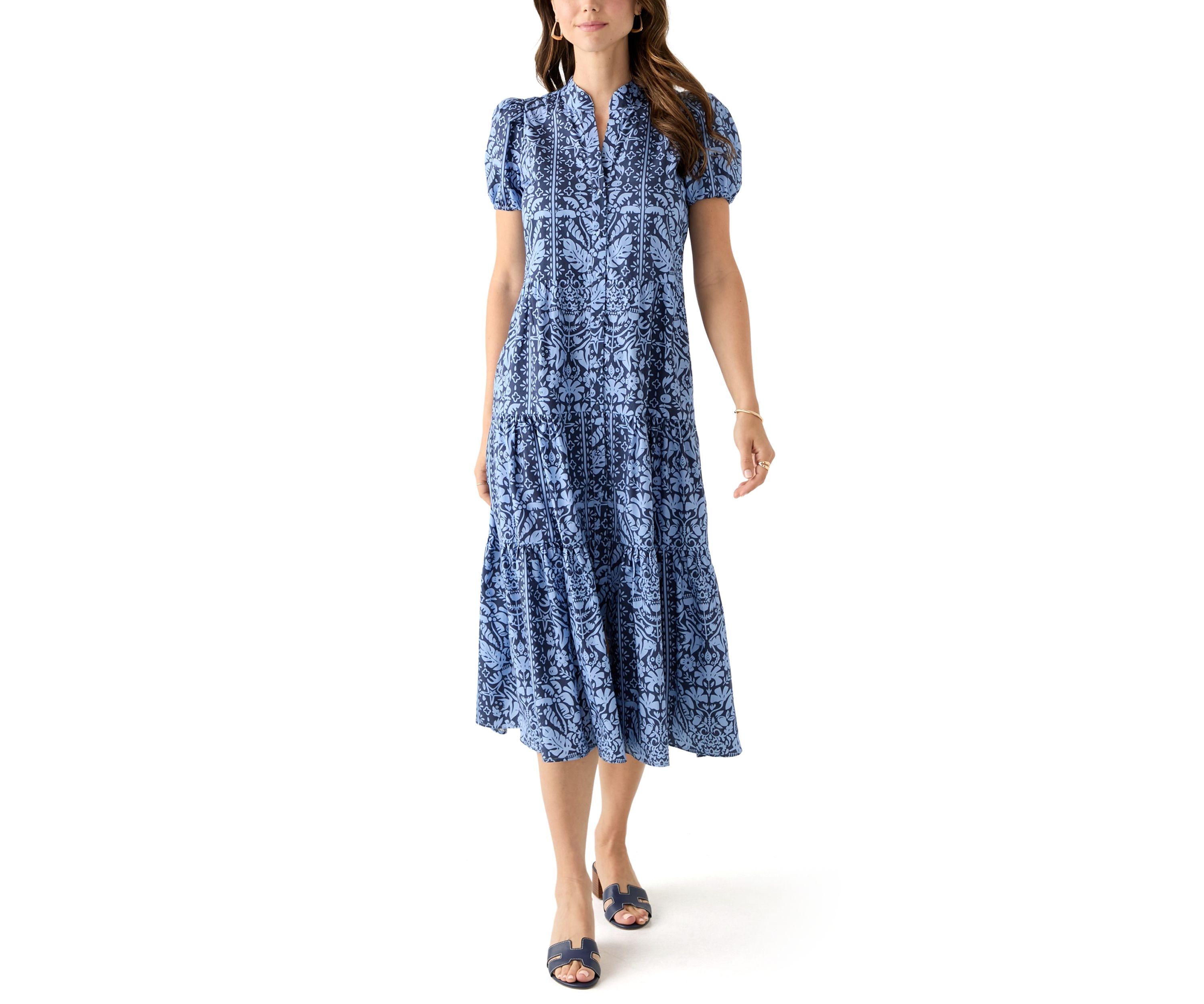 Womens Midi Poplin Printed Tiered Dress