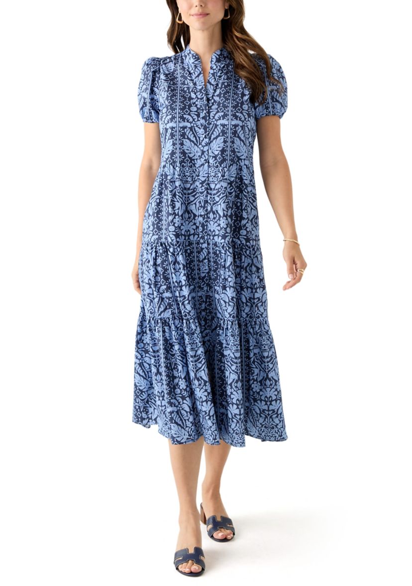 Womens Midi Poplin Printed Tiered Dress