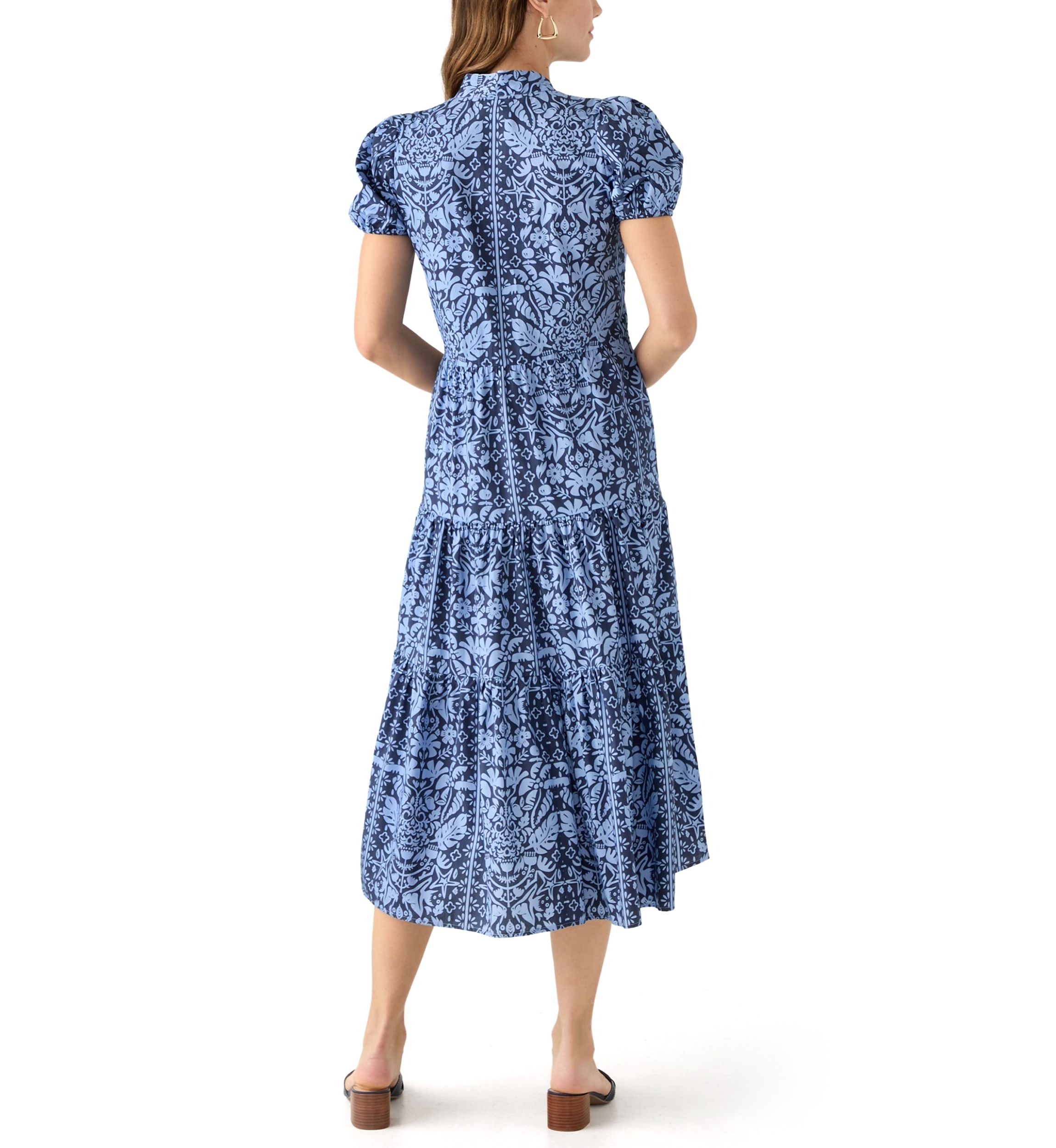 Womens Midi Poplin Printed Tiered Dress