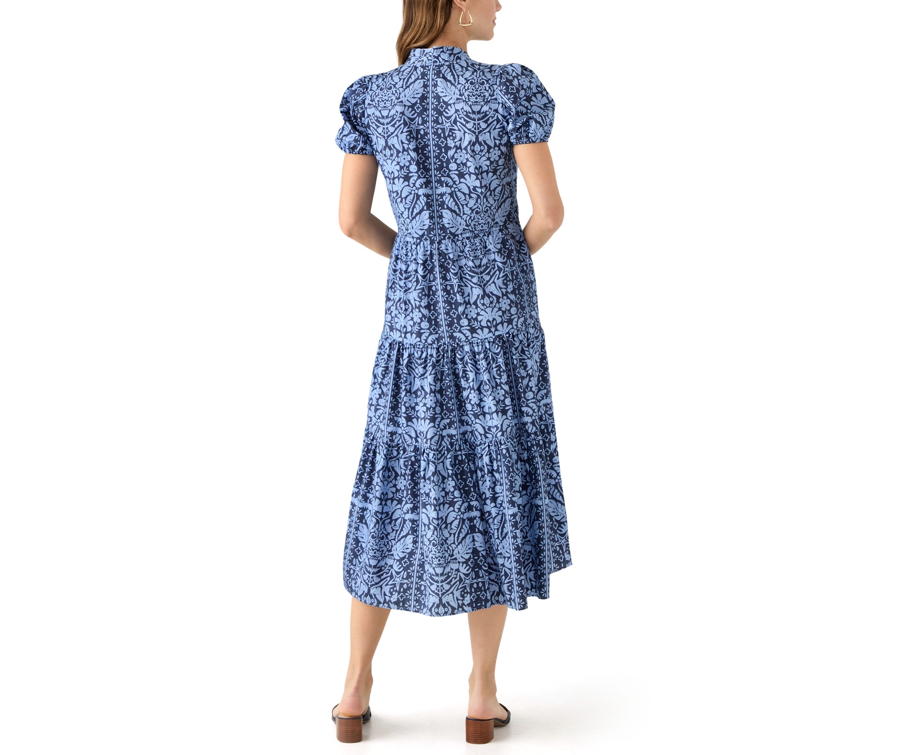 Womens Midi Poplin Printed Tiered Dress