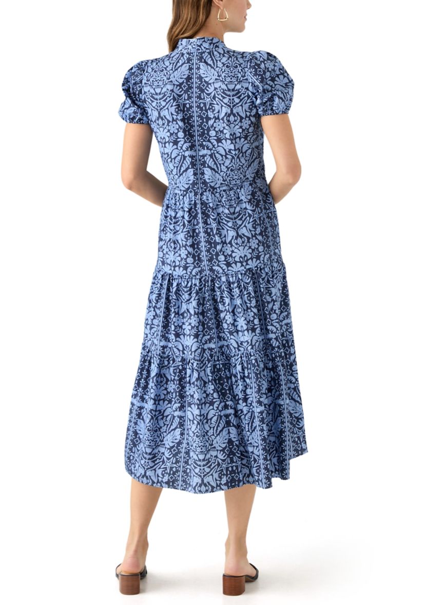 Womens Midi Poplin Printed Tiered Dress