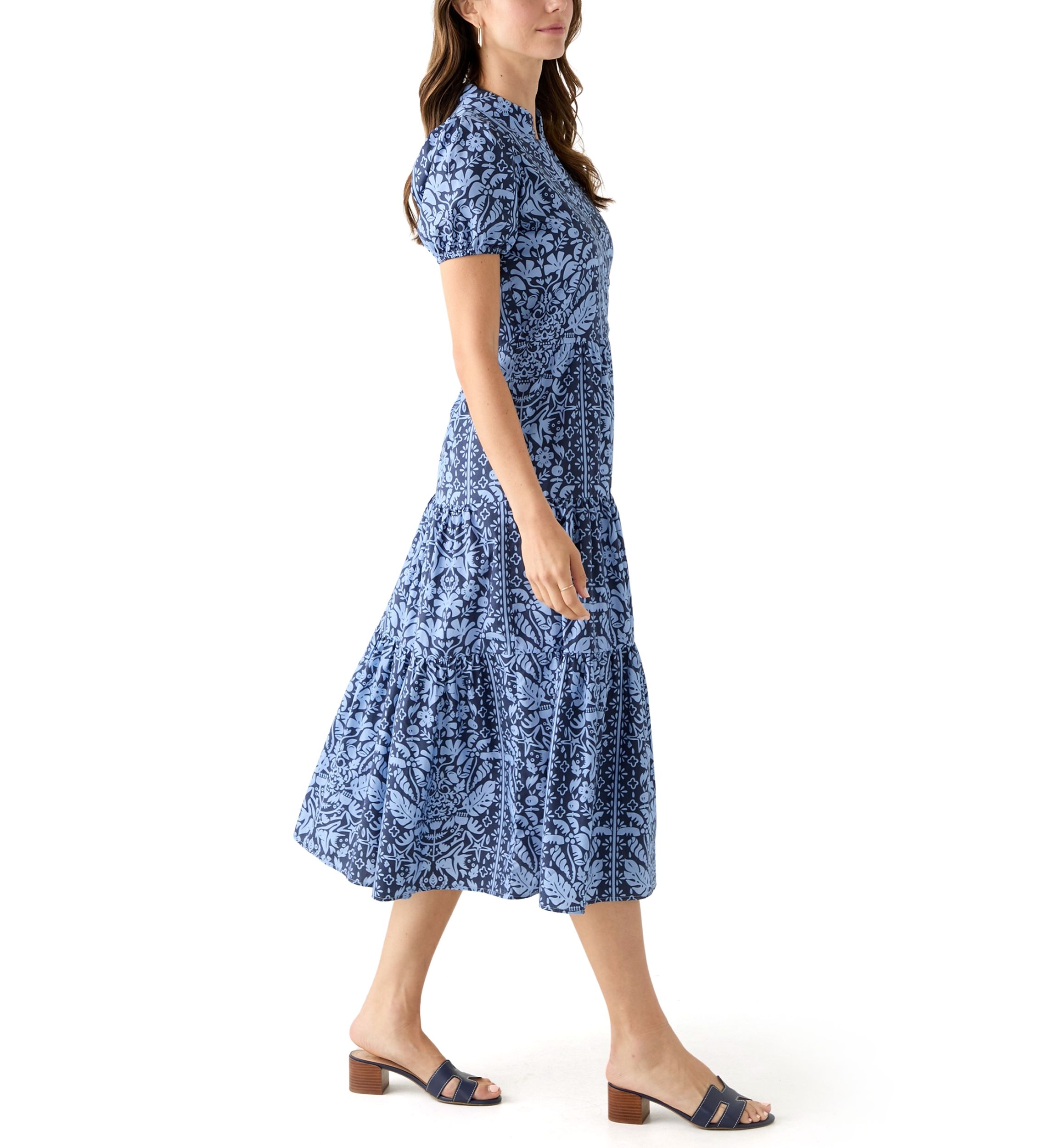 Womens Midi Poplin Printed Tiered Dress