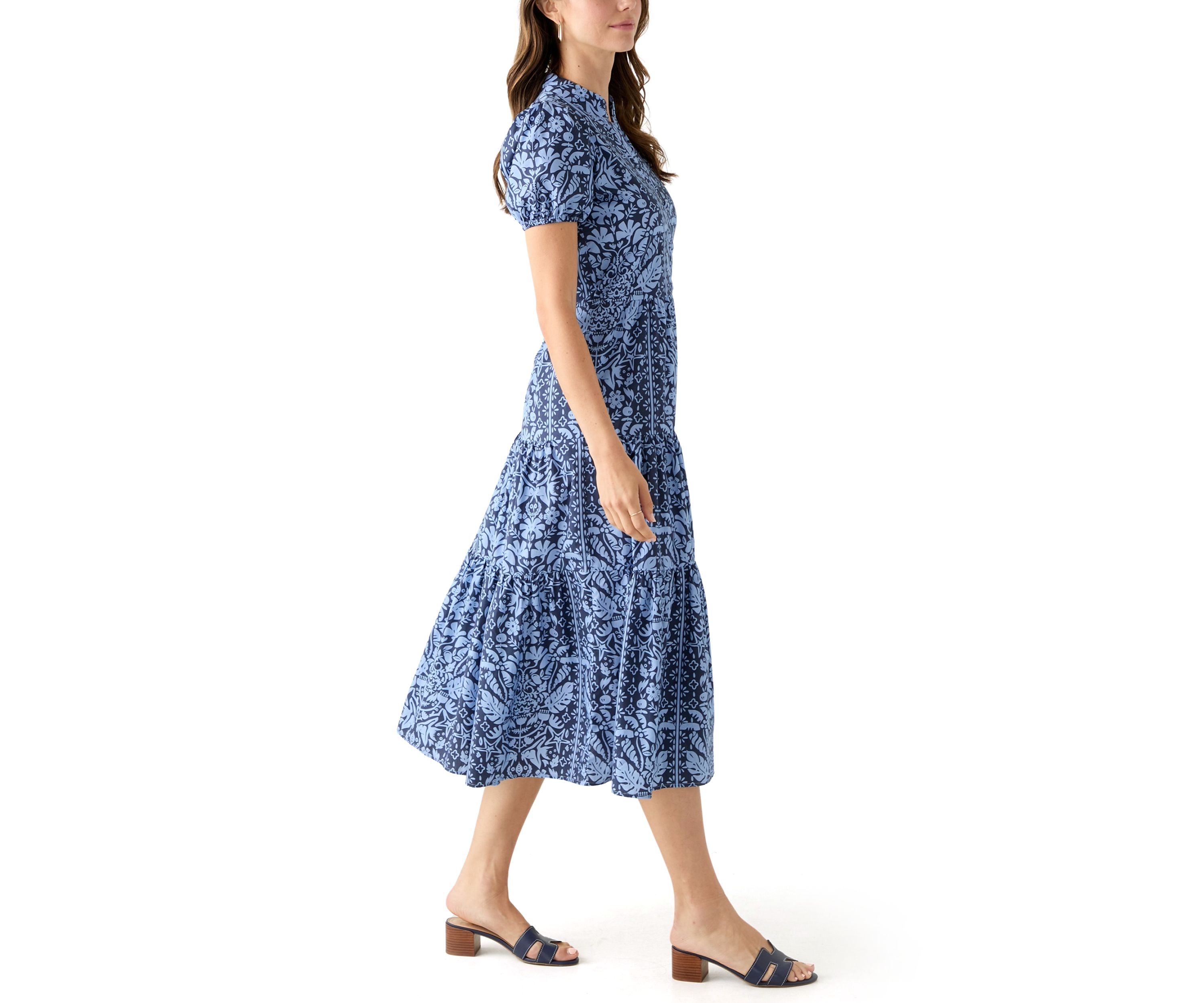 Womens Midi Poplin Printed Tiered Dress