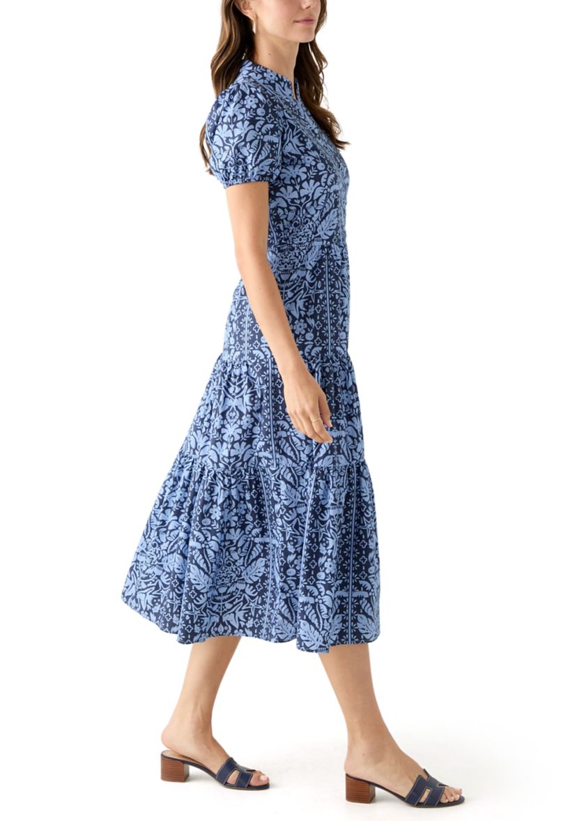 Womens Midi Poplin Printed Tiered Dress