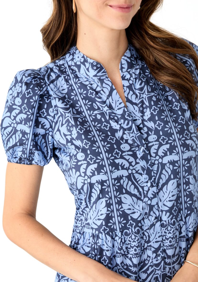 Womens Midi Poplin Printed Tiered Dress