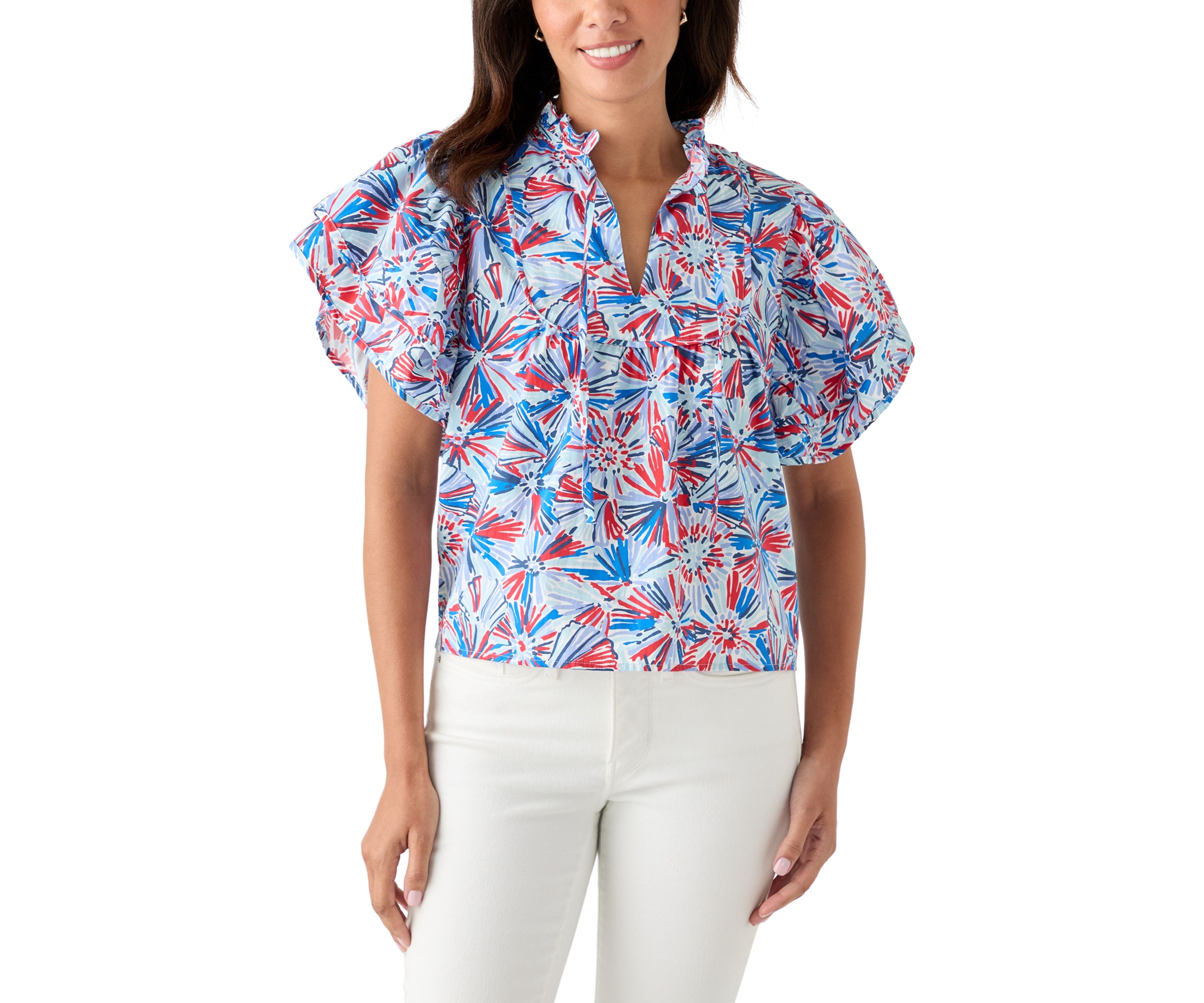 Womens Flutter Sleeve Printed Woven Top