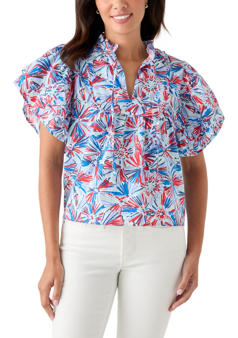 Womens Flutter Sleeve Printed Woven Top