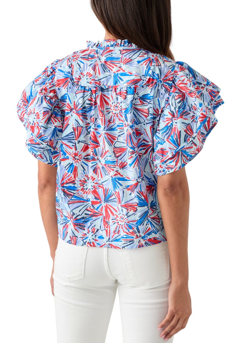 Womens Flutter Sleeve Printed Woven Top