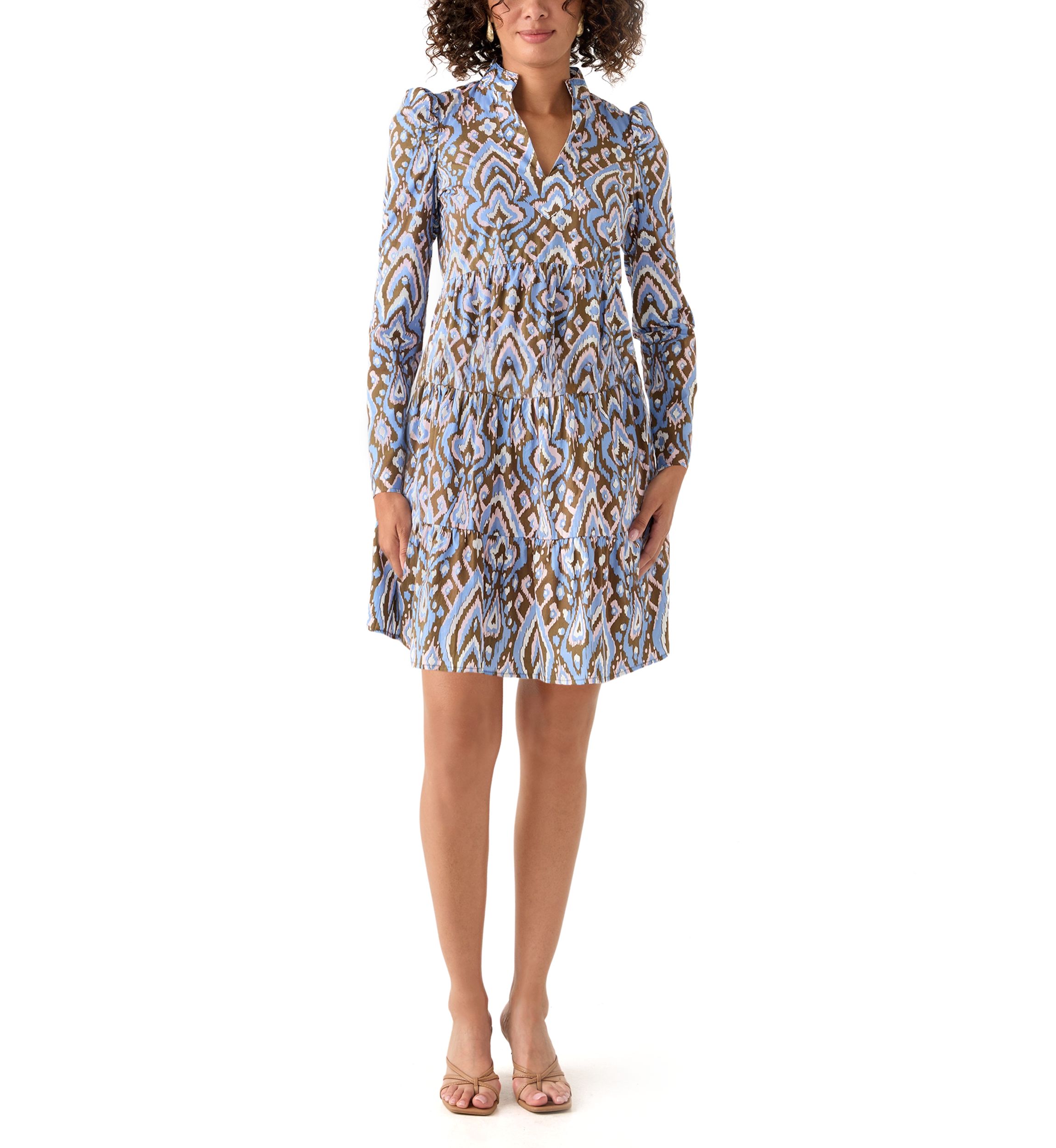 Womens Printed Poplin Flutter Shoulder Dress