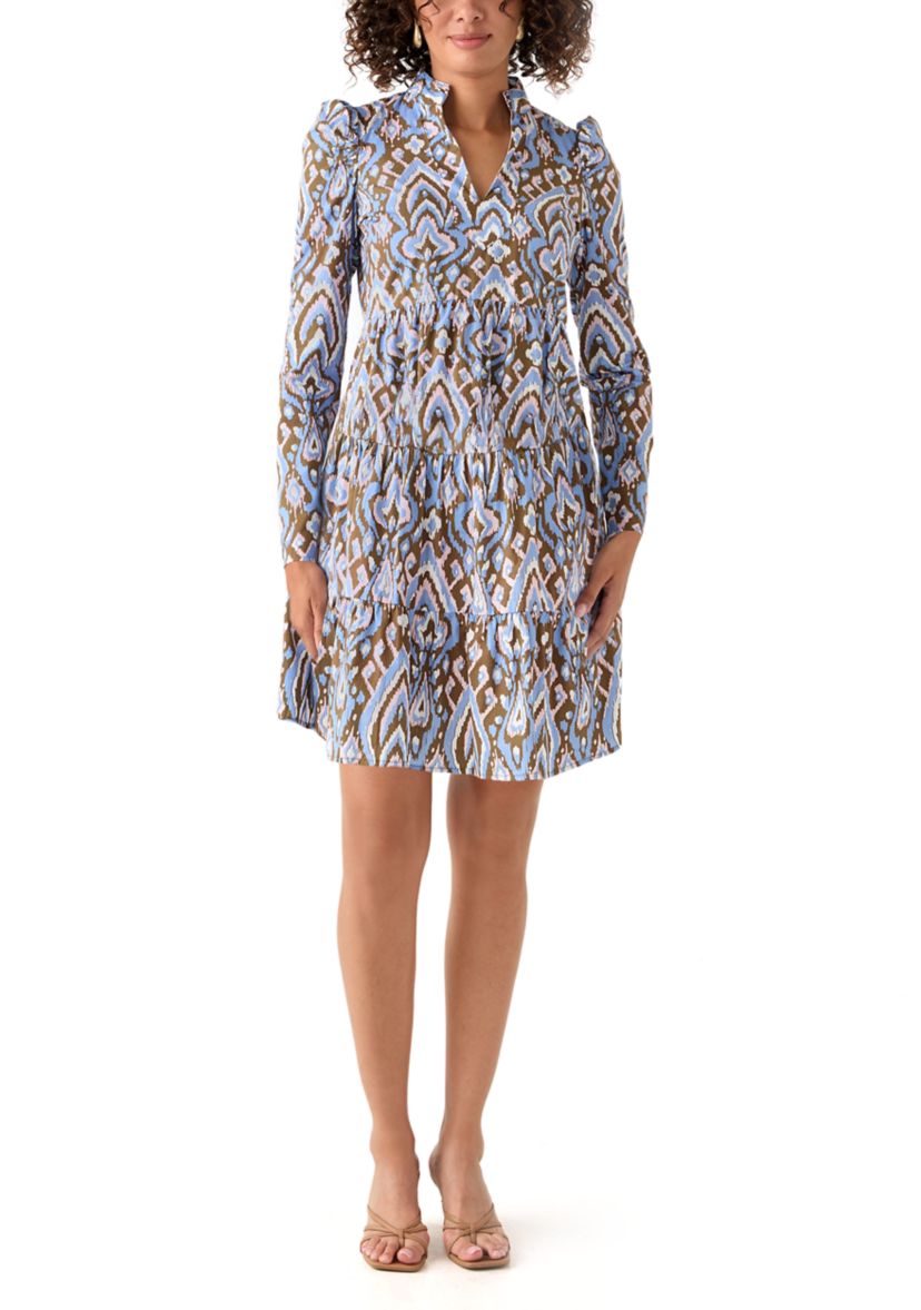 Womens Printed Poplin Flutter Shoulder Dress