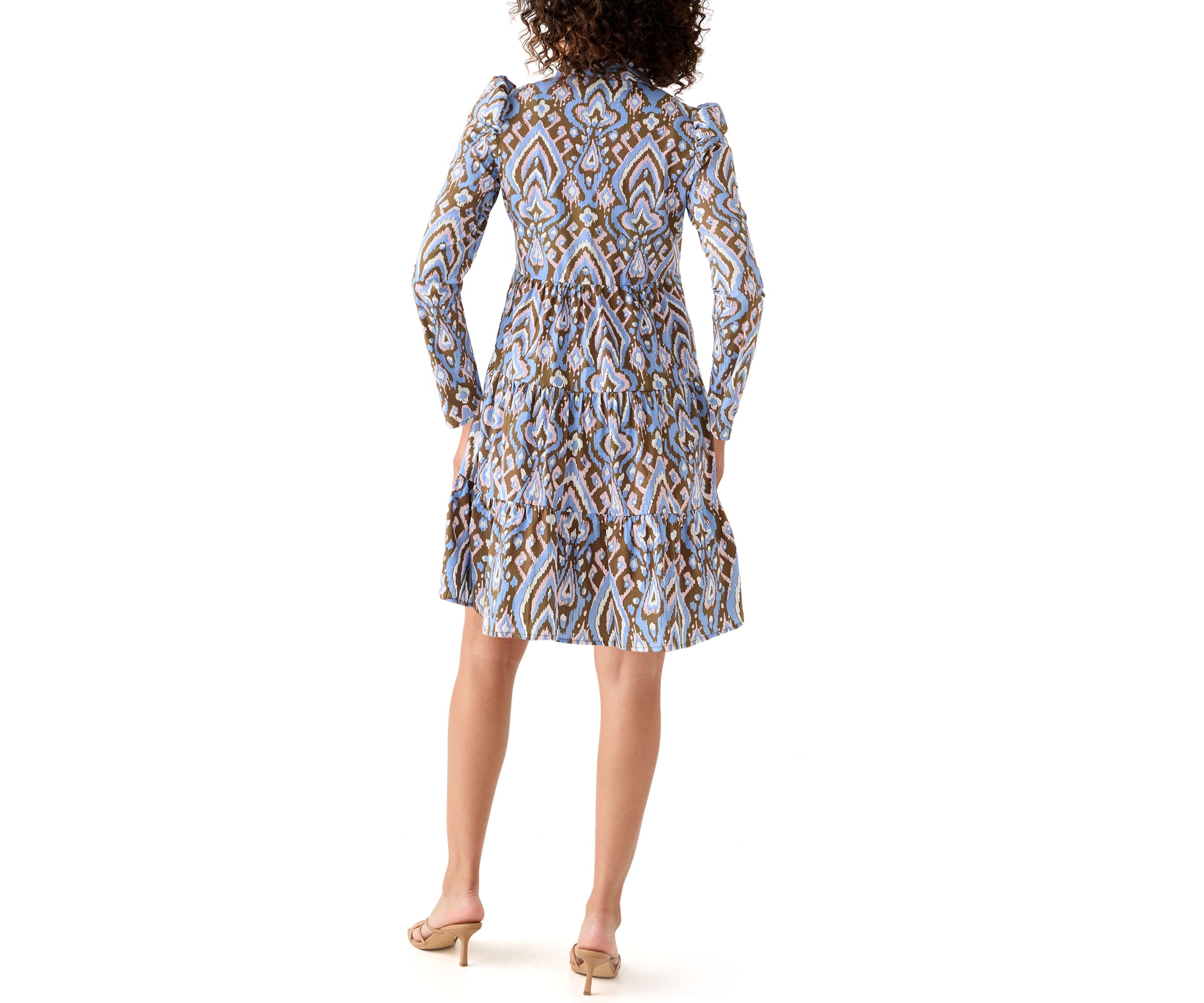 Womens Printed Poplin Flutter Shoulder Dress